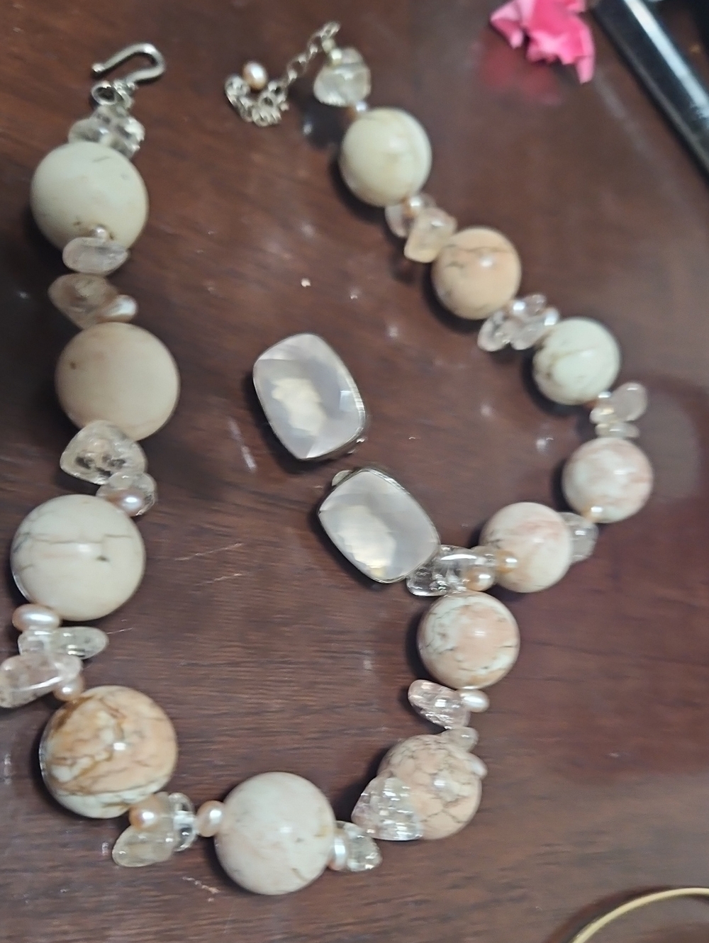Beaded Statement Necklace in Cream & Silver Earrings Clip On .925